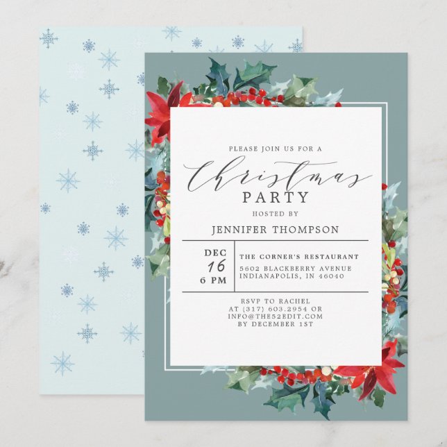 Invitación Elegante flor roja con Fiesta de Navidades verdes (Anverso / Reverso)