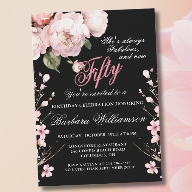 Invitación Elegante flor rosa 50 y fiesta de cumpleaños de Fa (Subido por el creador)