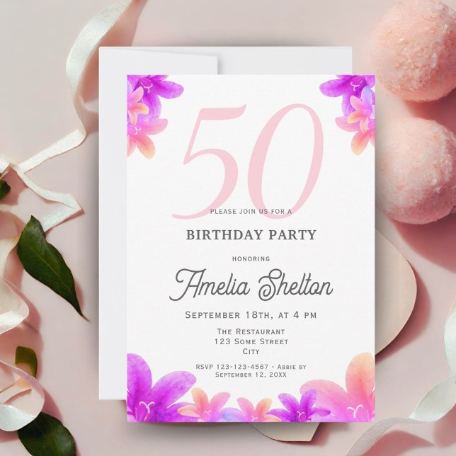 Invitación Elegante flor rosa Fiesta de 50 cumpleaños (Subido por el creador)