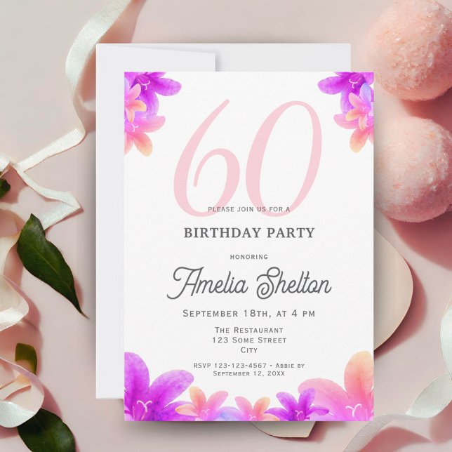 Invitación Elegante flor rosa Fiesta de cumpleaños número 60 (Subido por el creador)