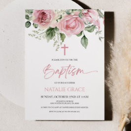 Invitación Elegante flor rosa floral verde deja bautismo