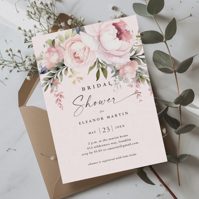 Invitación Elegante flor rosa vegetación Jardín Ducha Bridal (Elegant Pink Flowers Greenery Garden Bridal Shower Invitation)
