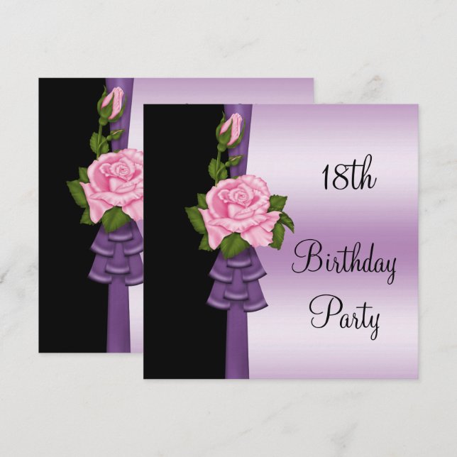Invitación Elegante flor rosa y cinta morada 18 cumpleaños (Anverso / Reverso)