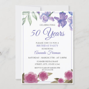 Invitación Elegante flor rosa y morada Cumpleaños Madre