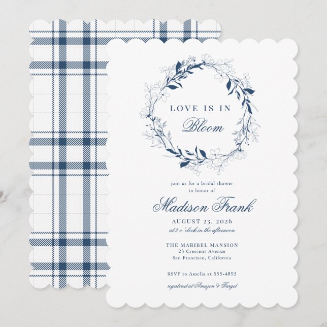 Invitación Elegante Flor salvaje azul Wreath Plaid Bridal Sho (Anverso / Reverso)