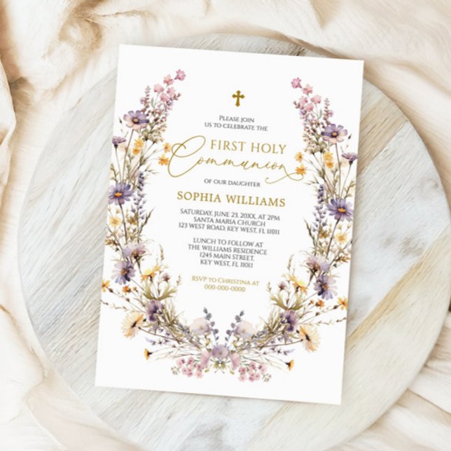 Invitación Elegante Flor salvaje púrpura primera comunión sag (Subido por el creador)