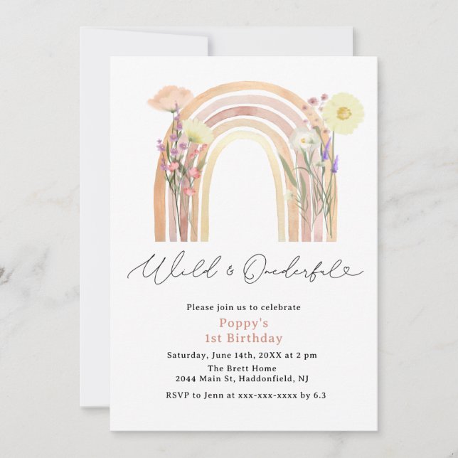 Invitación Elegante Flor salvaje y maravillosa 1er cumpleaños (Anverso)