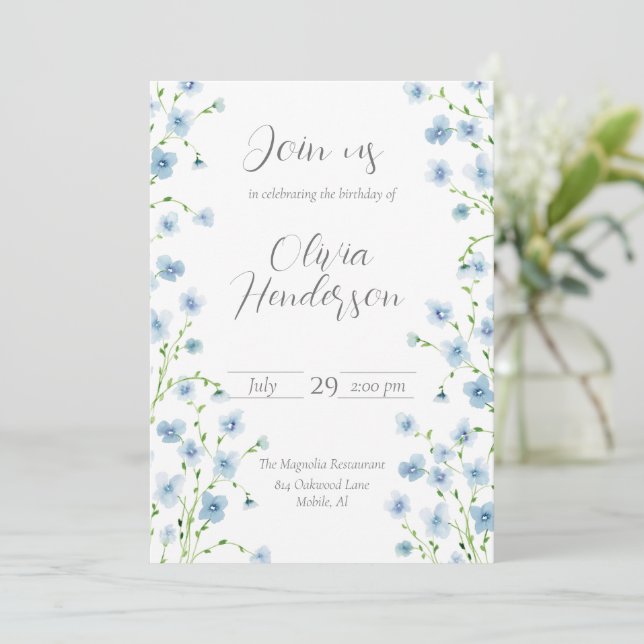 Invitación Elegante Flor Silvestre Acuarela Azul  (Anverso de pie)