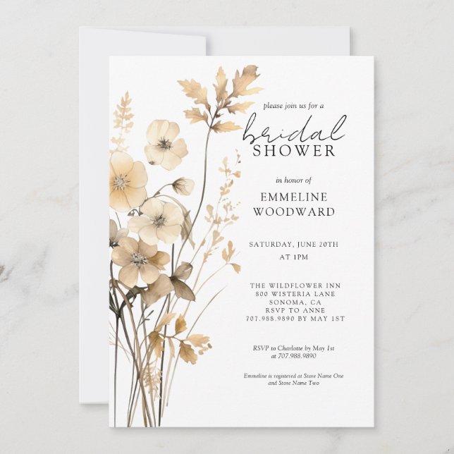 Invitación Elegante Flor Silvestre Acuarela Floral Bridal Sho (Anverso)