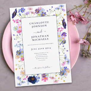 Invitación Elegante Flor Silvestre Aquarela Floral Azul Rosa