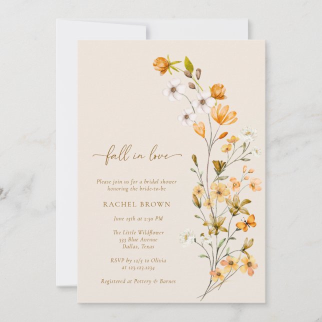 Invitación Elegante Flor Silvestre Caer Enamorada Ducha Brida (Anverso)