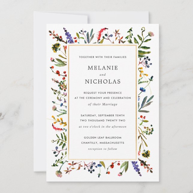 Invitación Elegante Flor silvestre + dorada espalda blanca Bo (Anverso)