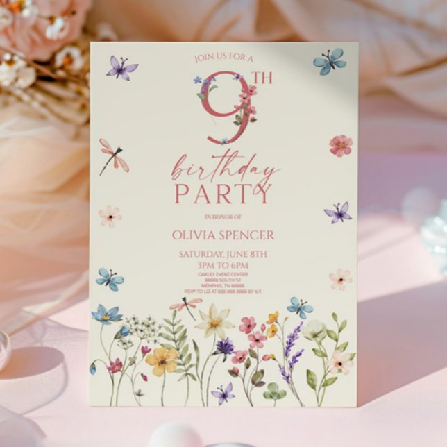 Invitación Elegante flor silvestre fiesta de cumpleaños 9 (Subido por el creador)