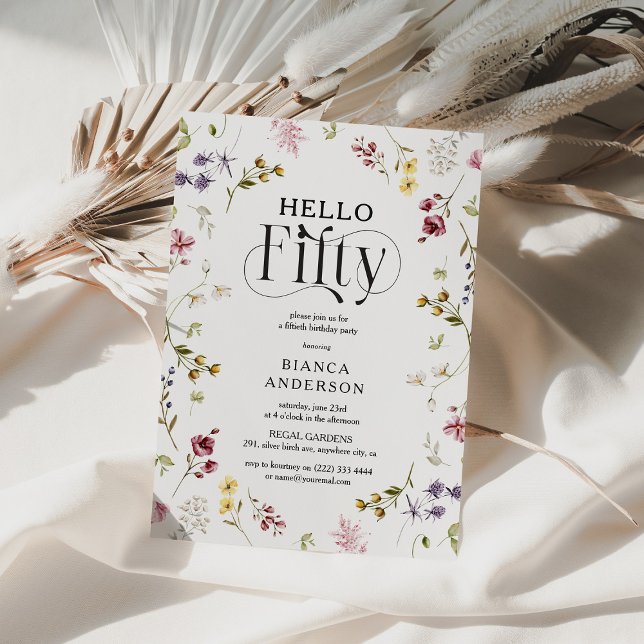 Invitación Elegante Flor Silvestre 'Hola Cincuenta' Cumpleaño (Subido por el creador)