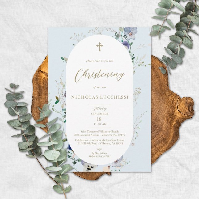 Invitación Elegante Flor silvestre marco azul oval Boy Christ (Subido por el creador)