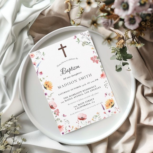 Invitación Elegante flor silvestre pradera jardín bautismo (Subido por el creador)