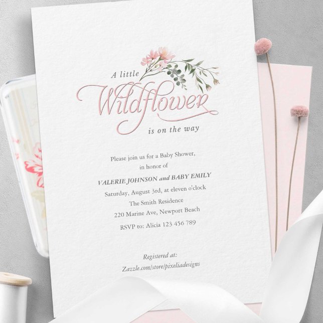 Invitación Elegante flor silvestre rosa simple Baby Girl Show (A little wildflower themed, simple elegant baby girl shower iinvitation.)
