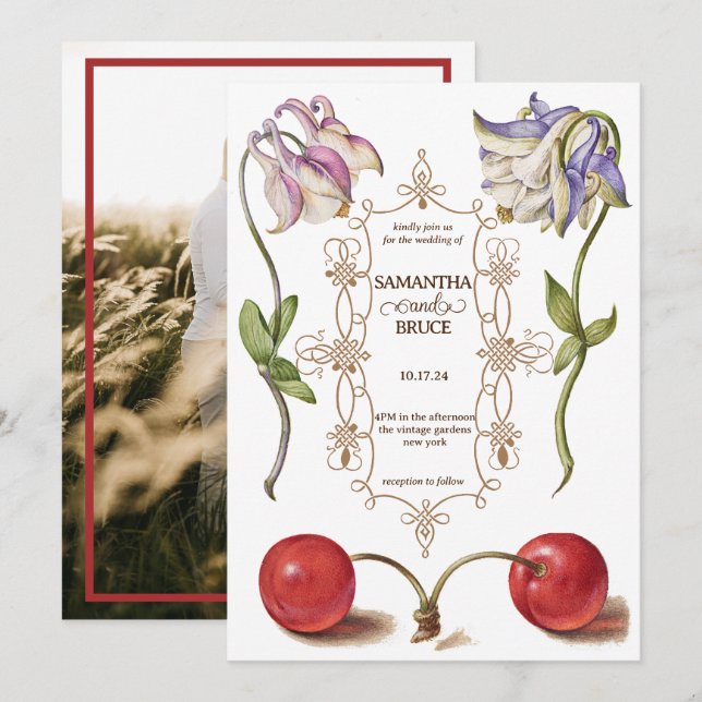 Invitación Elegante flor silvestre vintage | Boda fotográfico (Anverso / Reverso)