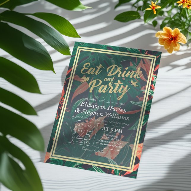 Invitación Elegante flor tropical come bebida y vamos Fiesta (Subido por el creador)
