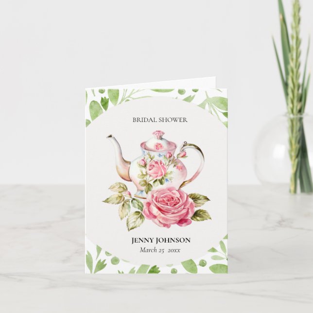 Invitación Elegante flor verde rosa floral floral ducha de no (Anverso)