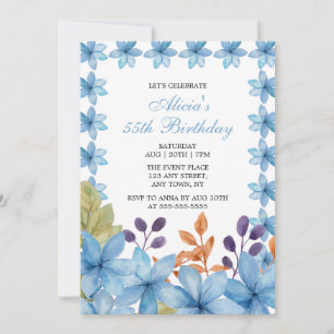 Invitación Elegante Flora Azul acuarela Cualquier cumpleaños