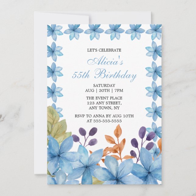 Invitación Elegante Flora Azul acuarela Cualquier cumpleaños  (Anverso)