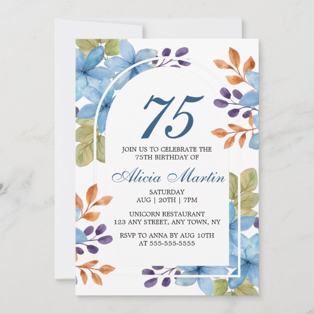 Invitación Elegante Flora Azul Verdor Cualquier Cumpleaños de (Anverso)