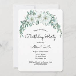 Invitación Elegante Flora de Magnolia Blanca Verde Cumpleaños