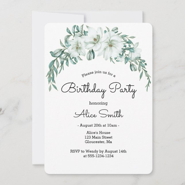 Invitación Elegante Flora de Magnolia Blanca Verde Cumpleaños (Anverso)
