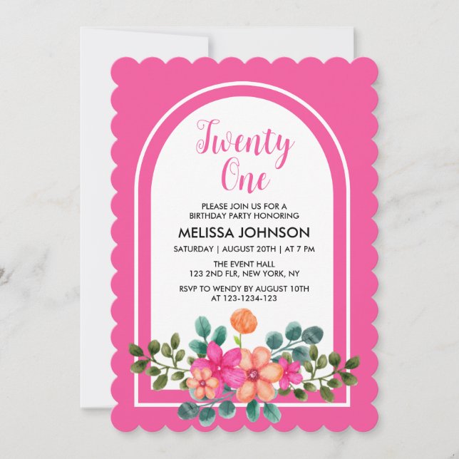 Invitación Elegante Flora de Primavera Rosada Verdor 21º cump (Anverso)