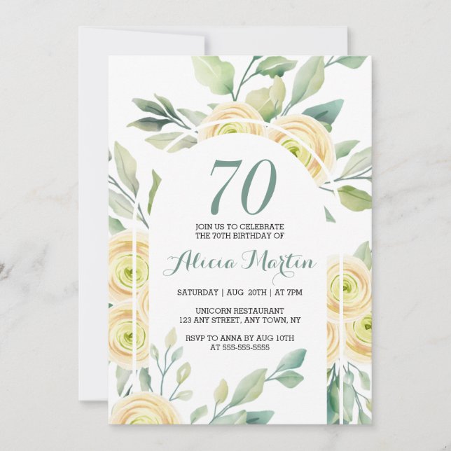 Invitación Elegante Flora de Rosa Blanca Verdor 70 cumpleaños (Anverso)