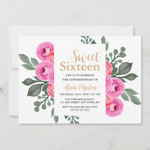 Invitación Elegante Flora Dusty Rosa Dorado Dulce 16