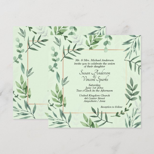 Invitación Elegante Flora y Fauna Frame Boda Verde (Anverso / Reverso)
