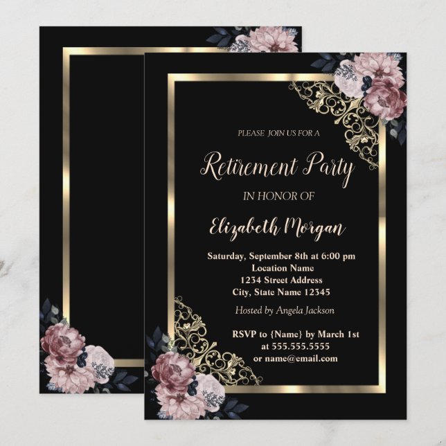 Invitación Elegante floración de marco dorado (Anverso / Reverso)