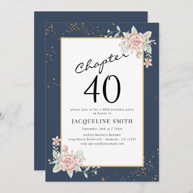 Invitación Elegante Floral 40 cumpleaños (Anverso / Reverso)