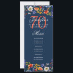 Invitación Elegante floral 70th Birthday Party Menu Navy<br><div class="desc">Elegante diseño de "Menú de Fiesta de Cumpleaños" con acuarelas y texto personalizado.</div>