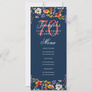 Invitación Elegante floral 70th Birthday Party Menu Navy