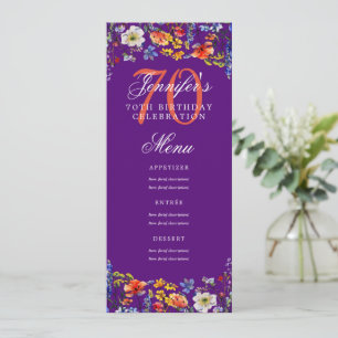 Invitación Elegante Floral 70th Birthday Party Menú Purple