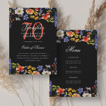 Invitación Elegante Floral 70th Birthday Program Menú Negro<br><div class="desc">Elegante diseño de "Programa de Fiesta de Cumpleaños" con flores silvestres acuáticas y texto personalizado.</div>