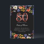 Invitación Elegante Floral 80th Birthday Program Menú Negro<br><div class="desc">Elegante diseño de "Programa de Fiesta de Cumpleaños" con flores silvestres acuáticas y texto personalizado.</div>