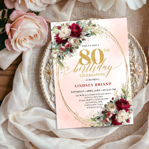 Invitación Elegante Floral Acuarela 80 Cumpleaños Dorado 