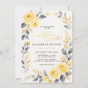 Invitación Elegante Floral Acuarela Amarillo Gris Boda