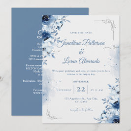 Invitación Elegante Floral Acuarela Azul Polvoriento Bodas Ma