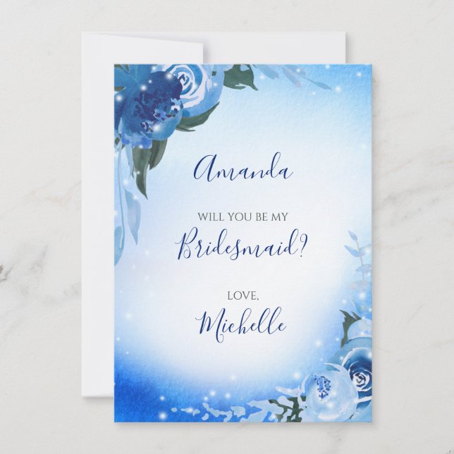 Invitación Elegante Floral Acuarela Azul Real para Damas de H (Anverso)