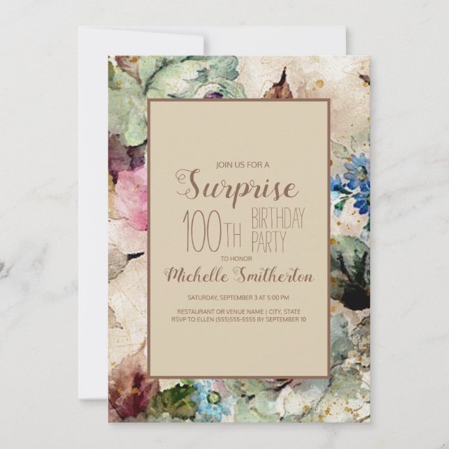 Invitación Elegante Floral Acuarela Cumpleaños 100  (Anverso)