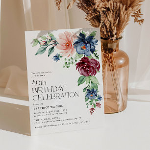 Invitación Elegante Floral Acuarela Cumpleaños 40