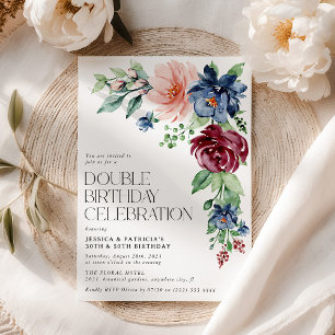 Invitación Elegante Floral Acuarela Cumpleaños Doble 