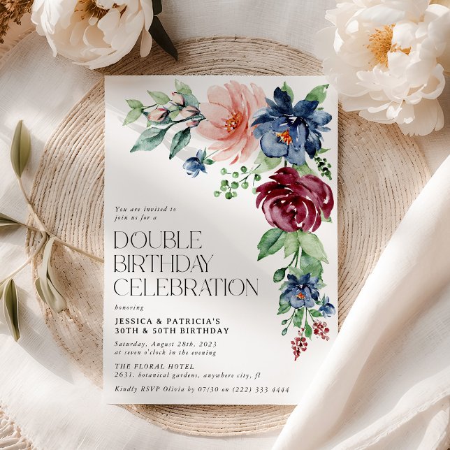 Invitación Elegante Floral Acuarela Cumpleaños Doble  (Subido por el creador)