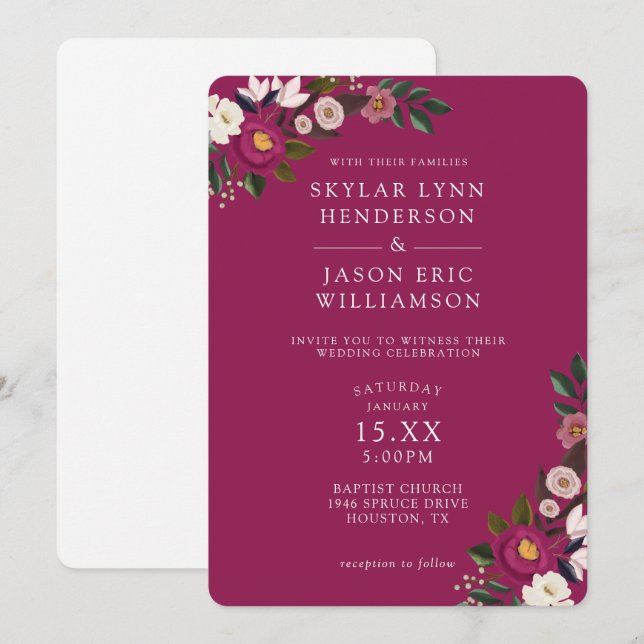 Invitación Elegante Floral Acuarela Marrón Claro para Boda (Anverso / Reverso)