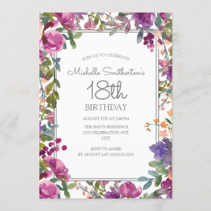 Invitación Elegante Floral Acuarela Morada Cumpleaños 18